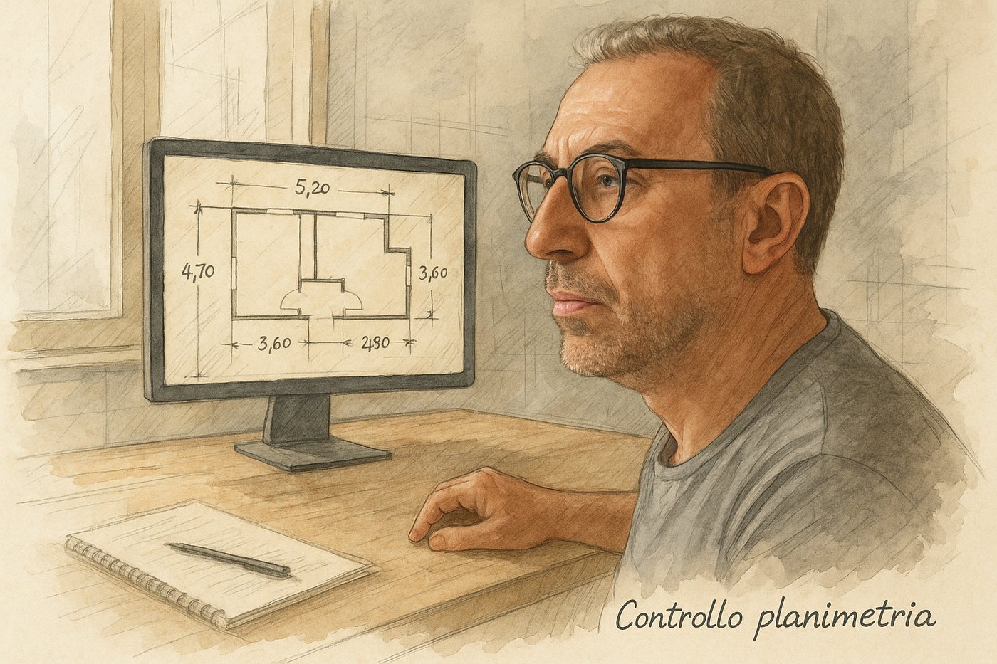 Gian Carlo Primo, tecnico indipendente di Sistema 90G, al lavoro nel controllo di una planimetria quotata