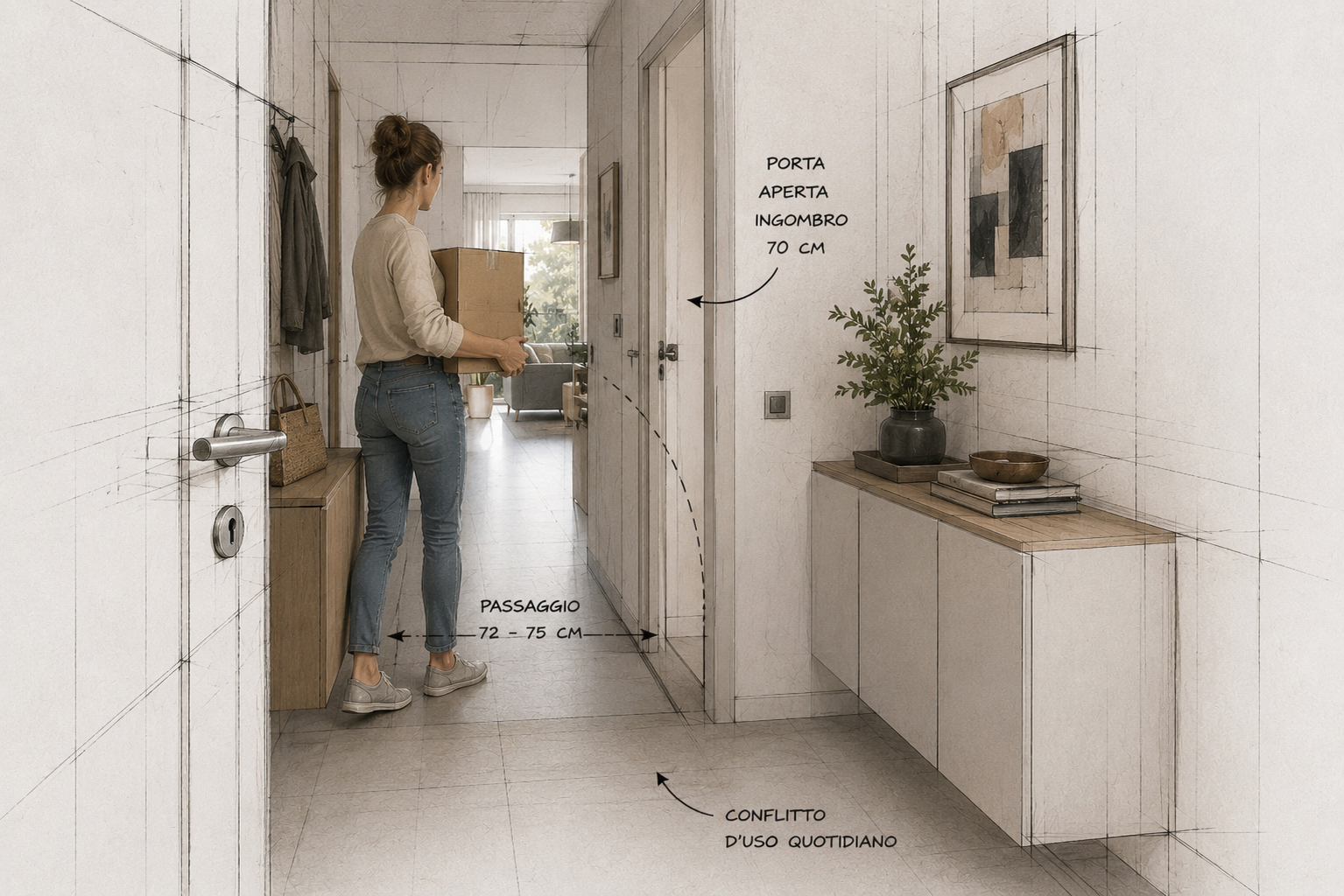 Lavastoviglie aperta che riduce il passaggio in cucina