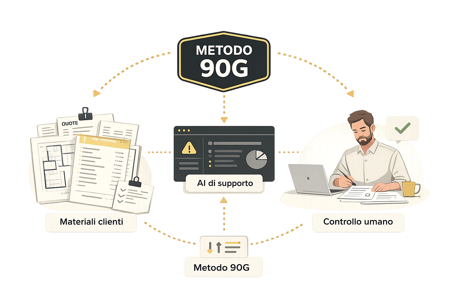 Schema del Metodo 90G: i materiali del cliente vengono organizzati con il supporto dell’intelligenza artificiale e verificati attraverso il controllo umano.